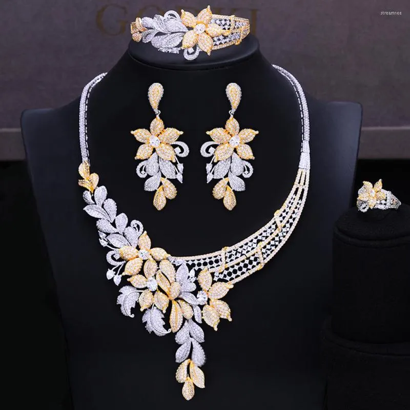 Halsbandörhängen set Godki 4st Luxury Flower African Jewelry for Women Wedding Bridesmaid 2022 Naija Bridal Party Sets