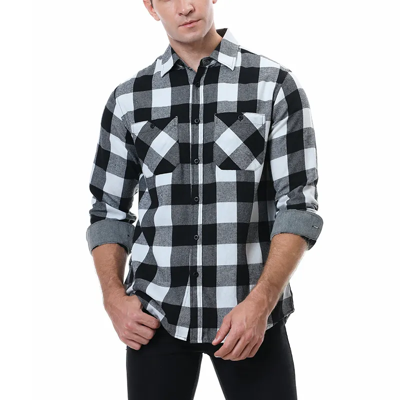 Flannel Shirt for Men Cotton Autumn Casual Long Sleeve Soft Comfort Button Down Shirts Black White Plaid