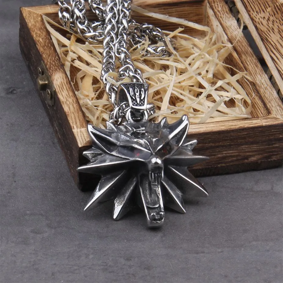 Stainless Steel TheWitcher jewelry Wizard 3 Wild Hunt Game pendant necklace Geralt wolf head necklace with wooden box 220805240w