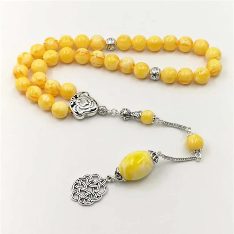 Tasbih Chapelet en résine jaune Bracelet pour homme avec accessoire spécial Glands 33 66 99 perles Nouveau design Tesbih pour homme pour le Ramadan Y1259P