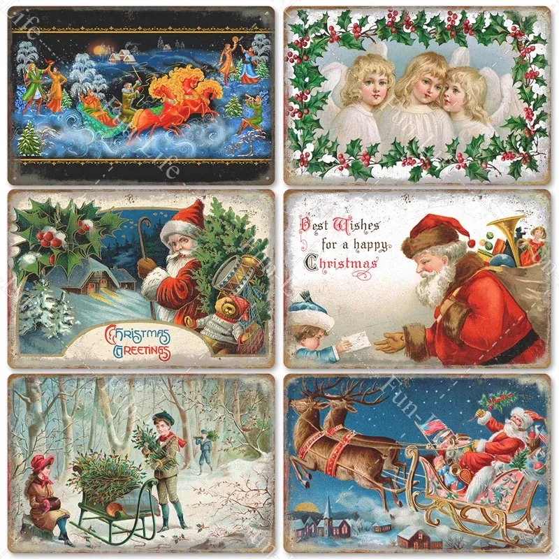Boże Narodzenie vintage metalowe znaki malarstwa plakat Święty Mikołaj retro blaszany znak talerz Tinplate płytka tablica kawiarnia pub home świąteczny dekor
