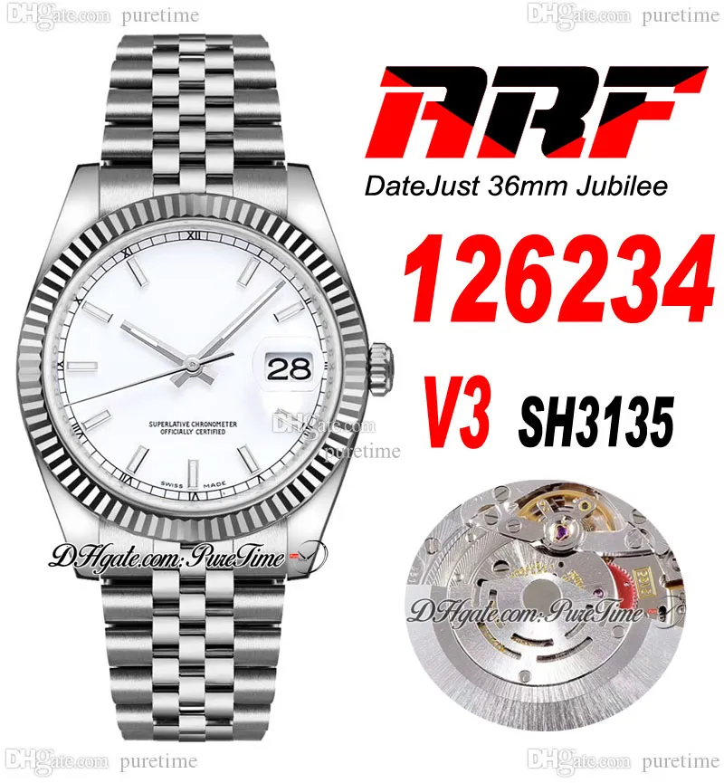 ARF V3 36 126234 SH3135 Automatic Unisex Watch Mens Womens Ladies Fluted Bezel White Stick Dial 904L JubileeSteel Bracelet Super Edition Same Series