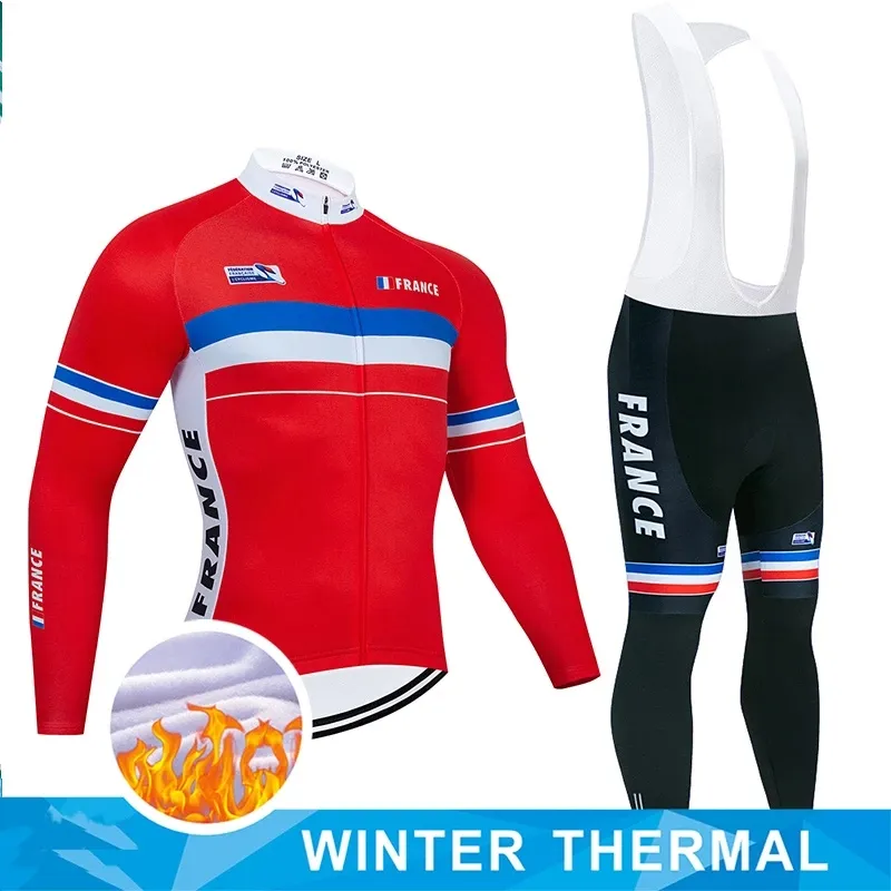 2023 Pro France Red Mens Winter Cycling Jersey Set Long Sleeve Mountain Bike Cycling Clothing 통기성 MTB 자전거 의류 착용 슈트 M15