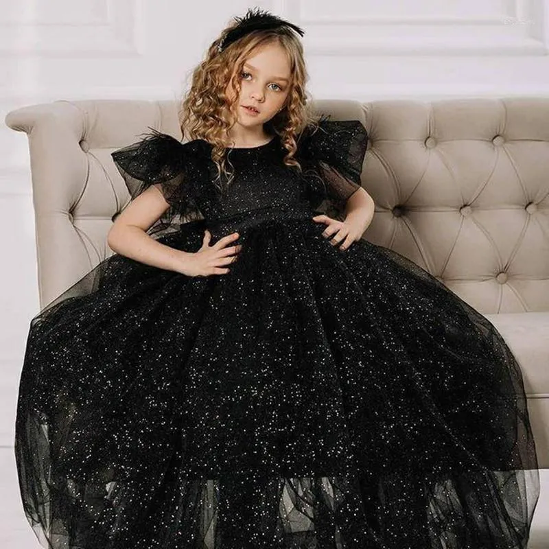 Meninas vestidos de menina lindas meninas júnior preto Mangas de boné brilhante Tulle brilhante Long Primeira Comunicação Vestido Vestidos de Flores de Casamento