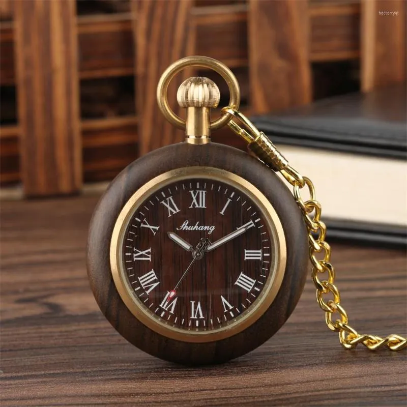 Pocket Uhren römische Ziffern Holz Quarz Watch Gold FOB Kette Anhänger männliche offene Gesicht Vintage Uhr