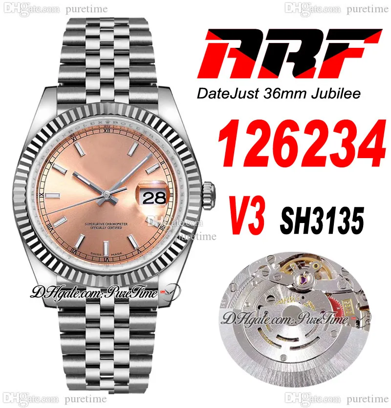 ARF V3 36 126234 SH3135 Otomatik Unisex Watch Erkek Kadın Bayanlar Yivli Çerçeve Pembe Çubuk Dial 904L Jubileesteel Bilezik Süper Edition Aynı Seri Kart Puretime D4