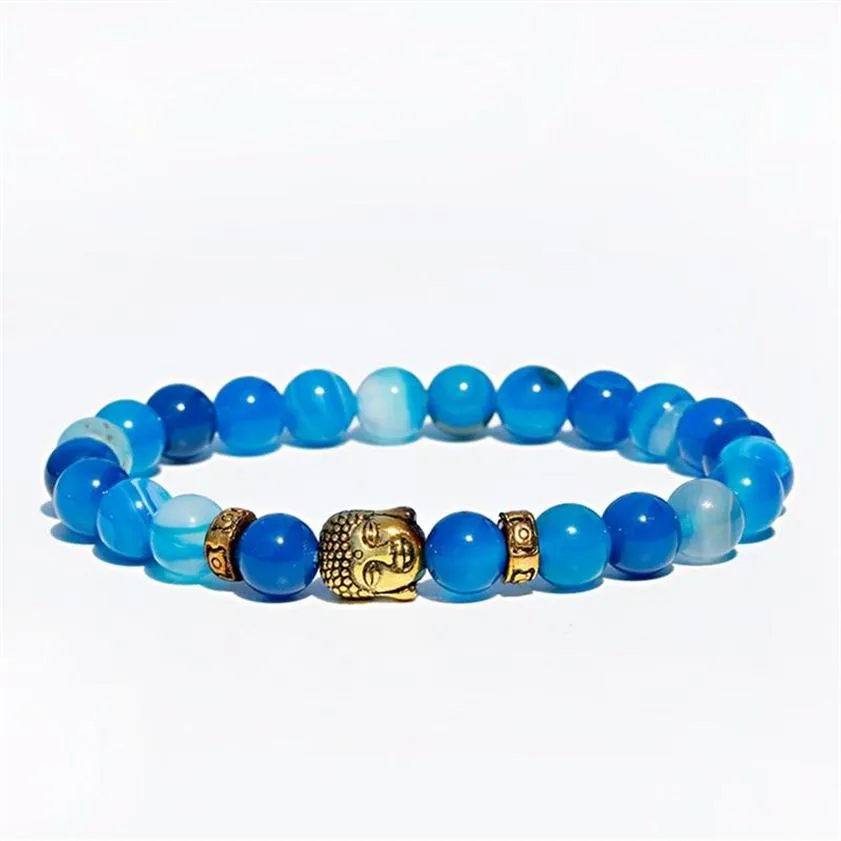 Hommes Femmes Or Bouddha Pierre Gemme Guérison Énergie Strand Bracelets 8mm Bleu Rond Naturel Élastique Bracelet De Perles Bijoux Perles Strands320w