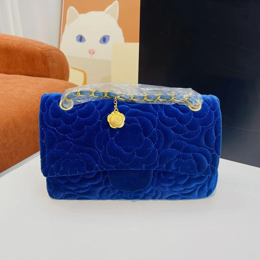 Camellia Velour Quilted Velvet Shoulder Bag With Double Flap And