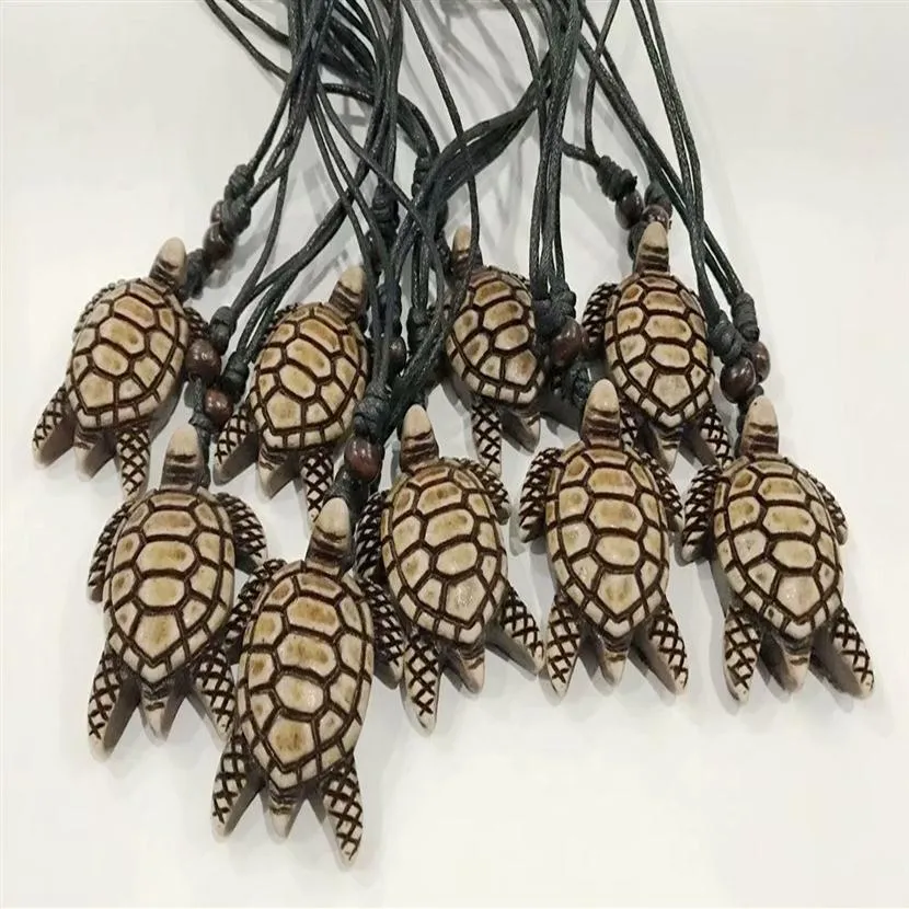 YQTDMY 12 PCSダークブラウンYAK BONE TURTER TORTOISE NECKLACE PENDANTS WAX CORD調整可能ハワイサーファーネックレスファッションジュエリー275A