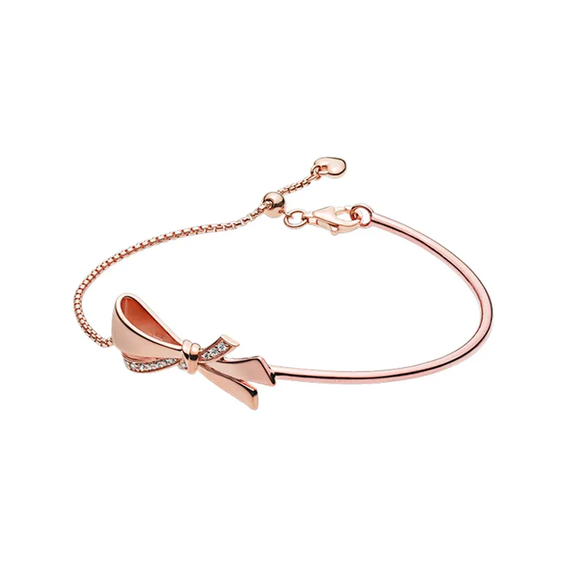 Rose Gold Sparkling Bow Slider Bracelet Women 925 Sterling Silver Party Jewelry with Original Box For pandora girlfriend Gift Hand Chain Bracelets