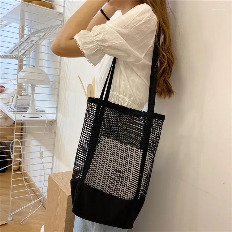 Avondtassen 2022 vrouwen schouder mesh holle canvas winkelen zomer strandmeisjes casual pisthags tote zwart wit zwart wit