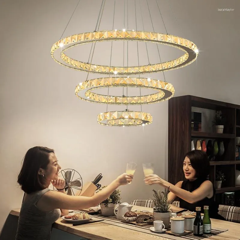 Lâmpadas pendentes Controle remoto Cristal Luzes LED modernas para jantar Soas de aço inoxidável luminária de cabeceira luminária