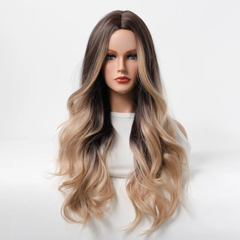 Perruques Synthétiques Commerce Extérieur Européen et Américain Fausse Femme Gradient Mi-point Soulignant Grande Vague Cheveux Longs Bouclés Mat Tempérament Couvre-Chef WIG