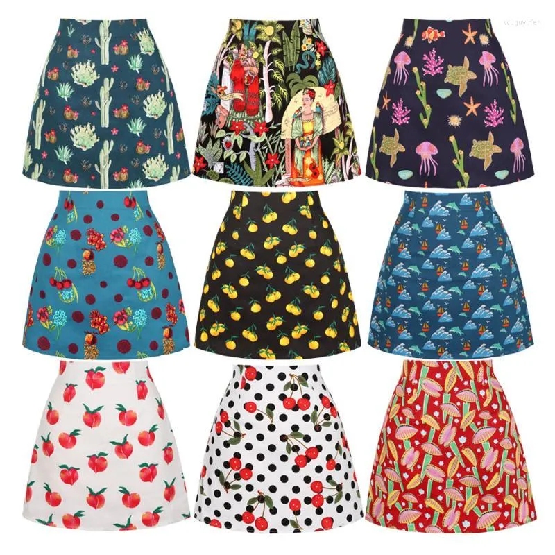 Skirts Vintage Mini Skirt Female Faldas Mujer Moda 2022 Black Floral Print Summer Cotton Short Sexy A Line SS0008Skirts