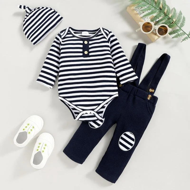 Clothing Sets Toddler Kid Boys Casual 3 Pcs Outfits Autumn Stripe Long Sleeve Romper Top Suspender Pants Hat Clothes Set