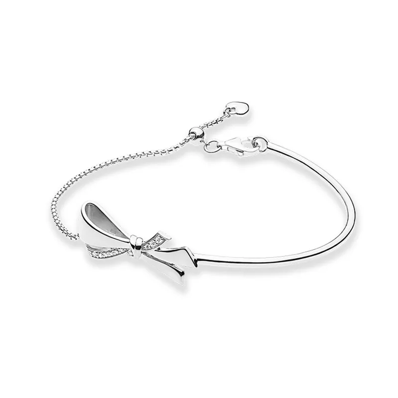 Pulsera deslizante con lazo brillante para mujer Joyería de fiesta de plata esterlina auténtica con caja original para pulseras de cadena de mano de regalo de novia Pandora