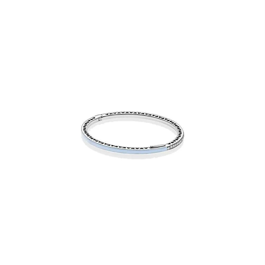 Fina smycken Autentic 925 Sterling Silver Ring Fit Pandora Charm Radiant Hearts Bangle Armband med Air Blue Emamel Clear CZ Engage296f