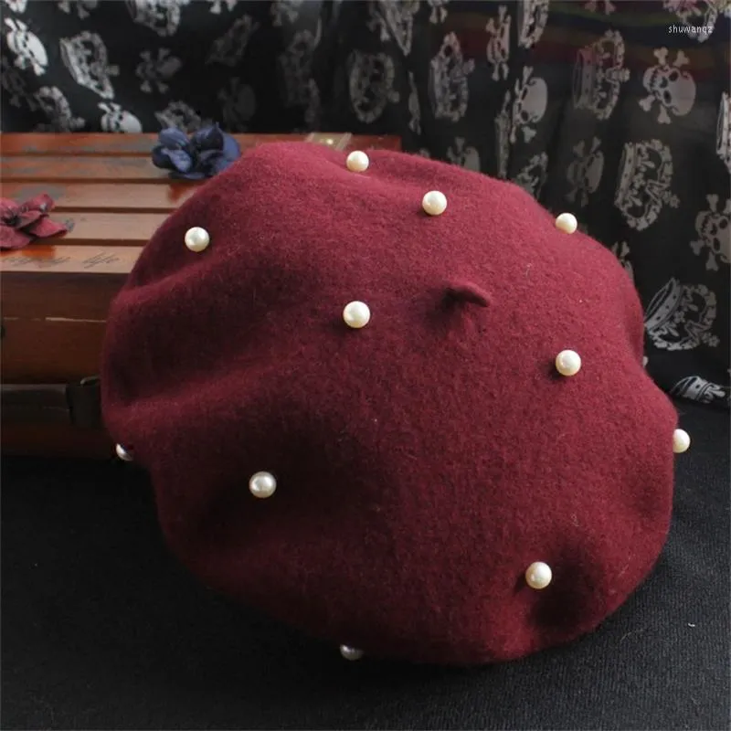 Berets Mori Sweet Girl Autumn and Winter Woolen Ractle Parent-Child Painter Hat Korean Big Pearl Decoration Bert