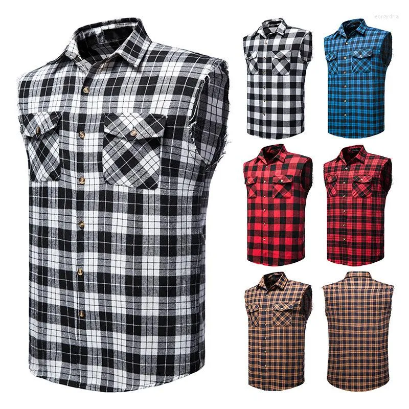 Men's Tank Tops Casual Flannel Plaid Shirt Sleeveless Cotton Plus-size Vest