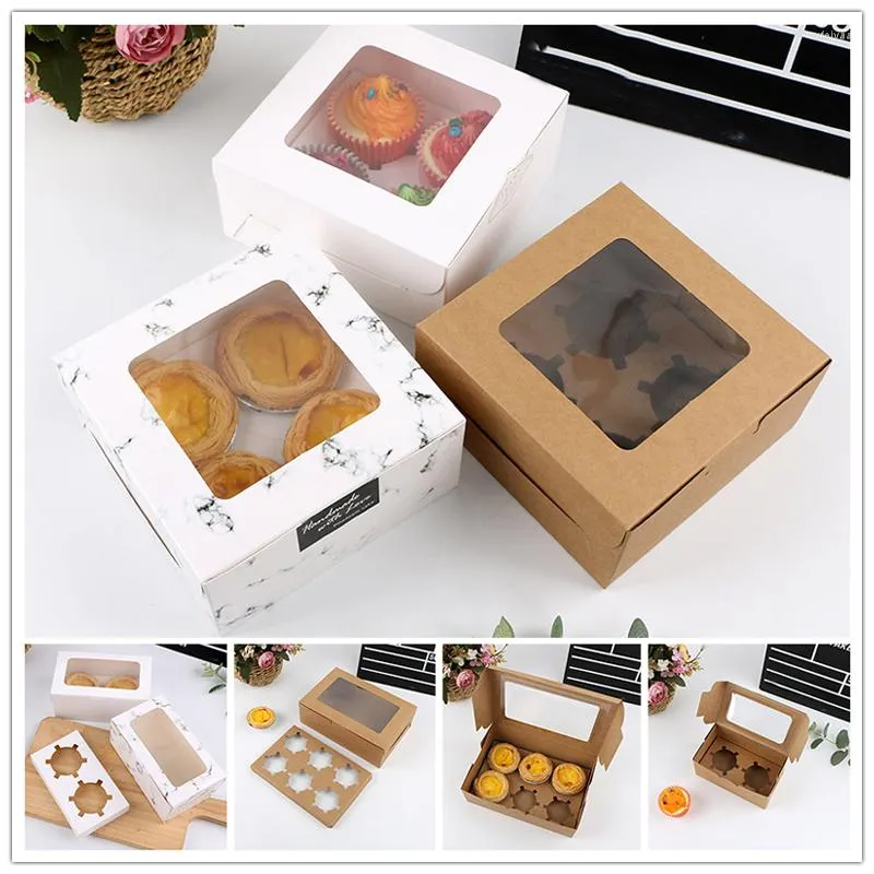 Emballage cadeau 1 pièces boîtes à gâteaux 2/4/6 cavité tasse emballage boîte avec fenêtre transparente Muffin Kraft papier conteneur support Cupcake