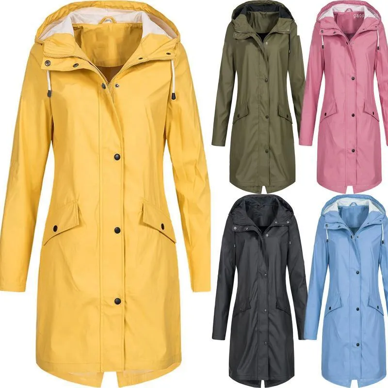 Trench da donna Moda donna Tinta unita Manica lunga Giacca a vento da esterno Giacca antivento impermeabile con cappuccio taglie forti