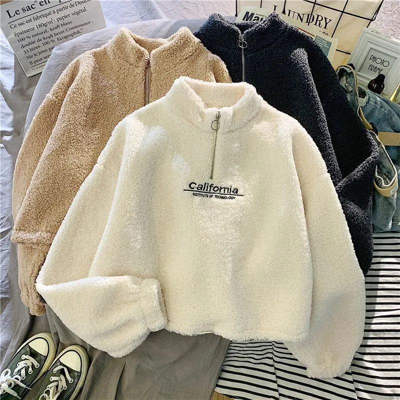 Damen-Kapuzenpullover, Kawaii-Lammwolle, übergroßes Damen-Sweatshirt, Winterpullover, einfarbig, Buchstabenstickerei, langärmelig, flauschiger Plüsch-Kapuzenpullover