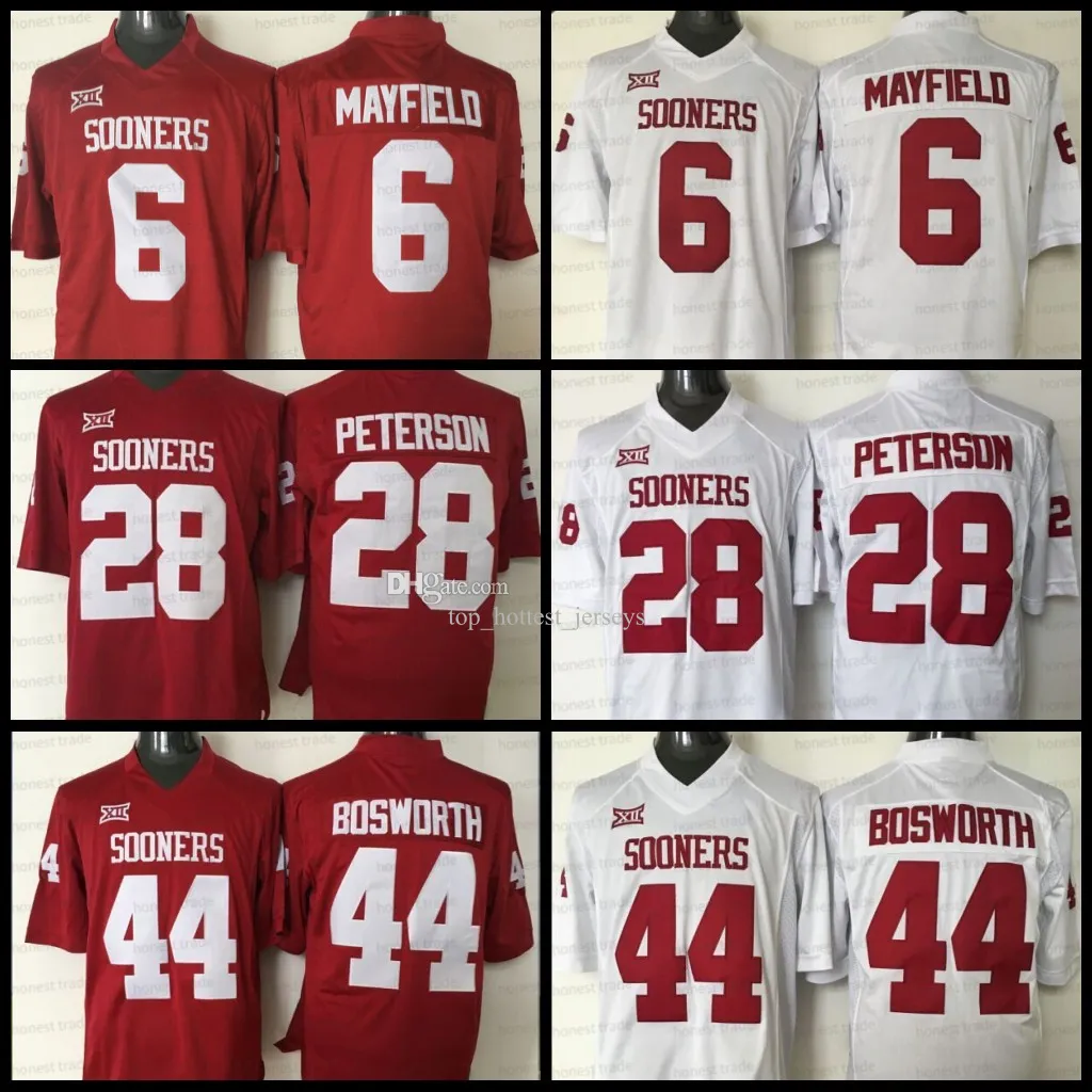 NCAA 6 Baker Mayfield voetbalshirt Oklahoma Sooners 28 Adrian Peterson 44 Brian Bosworth College Maroon Red Wit Stitched Men Jerseys