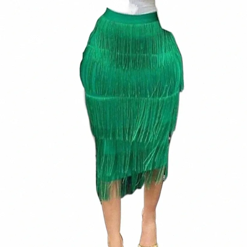 spódnice 2021 Spring Green Fringe Bodycon Ołówka Spódnica Tassel Wysoka talia Kobiety rozciąganie pochwy midi długość panie Slim Mi886 O33P#