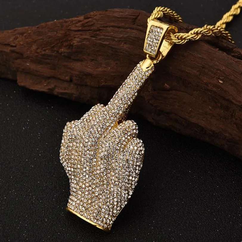 Rhinestone Men Necklace Ice Out Cubic Zircon Hip Hop Finger Animals Pendant Gold Silver Color Charm Chain Jewelry Q0531202v