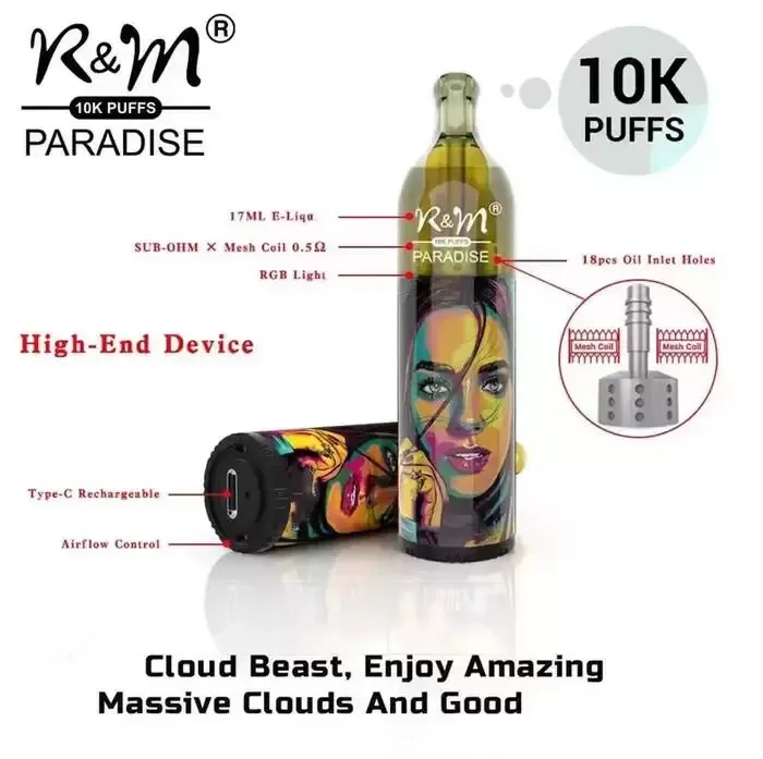 Original RM Paradise 10K Puffs E Cigarett Disponible Vape Pen Sub Ohm Mesh Coil 0.5Ohm Massiva moln Luftflödesreglering Laddningsbart batteri 24 färger 10000 Puff RM
