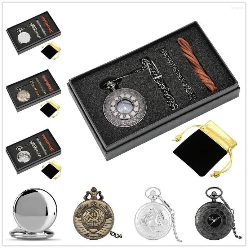 Pocket Watches Vintage Watch Set f￶delsedagspresenter till barnv￤n kvarts h￤nge uts￶kt klocka med fob kedja l￤der repl￥da