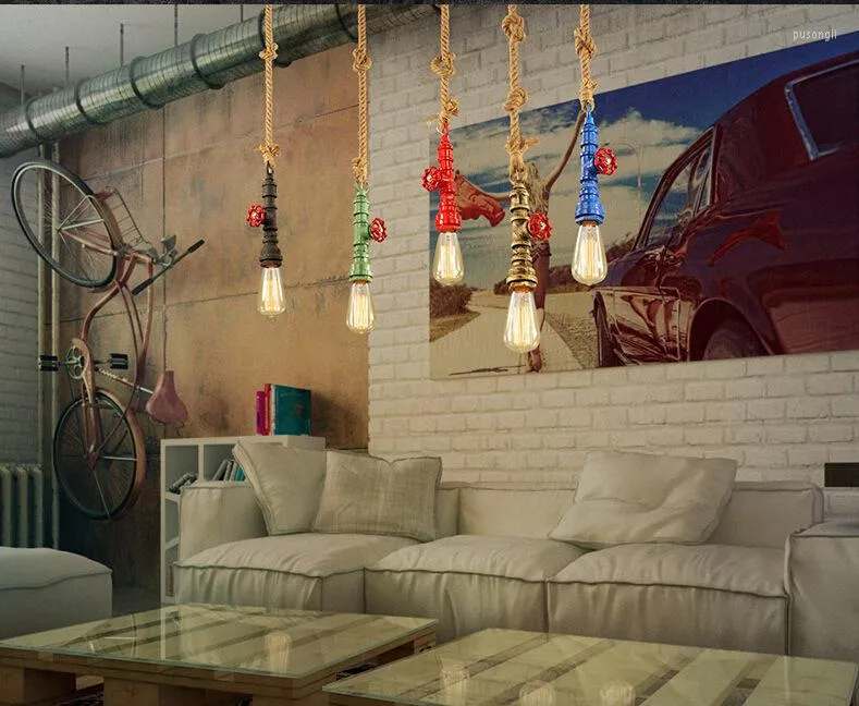 Lampy wiszące American vintage wodociągowe Oprawa oświetleniowa ROPE ROPE Industrial Hanging Lampa BAR Restauracja