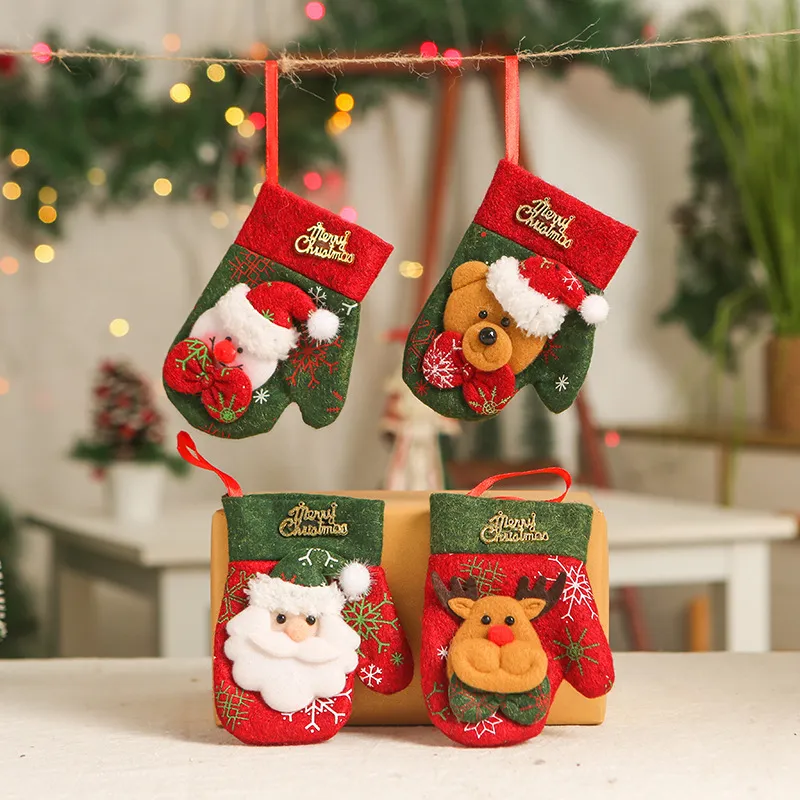 Boże Narodzenie Mała rękawiczka Święty Święto Snowman Elk Rękawice świąteczne drzewo Wiszące Dekor Rękawicy Sieknięcia Prezent Candy Bag Extive Prezenty TH0375