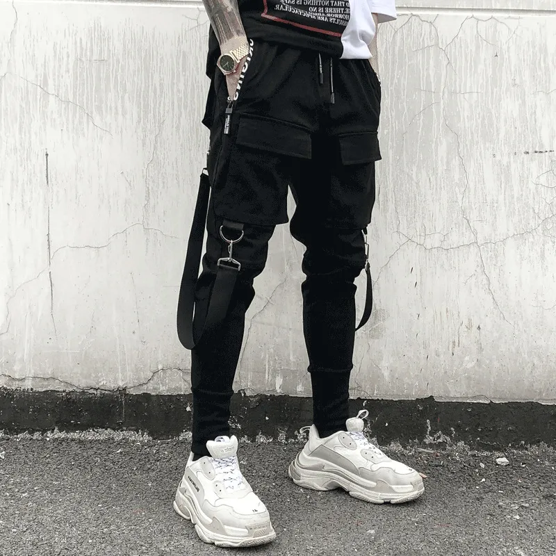 God jak Letni Hip Hop Pants Męski trend Koreański trend chude wstążki ładunki czarne spodnie