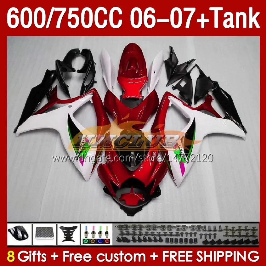 OEM Fairings Tank för Suzuki GSXR 600 750 CC GSX-R600 GSXR750 2006-2007 154NO.137 GSXR-600 GSXR600 K6 600CC 750CC 2006 2007 GSXR-750 06 07 injektion Fairing Röd vit vit