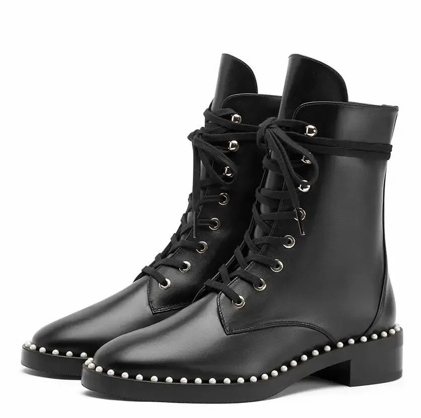 Enkellaars Combat Boot Winter Merk Sondar Dames Booties Karitube Zwart Sheeskin Kalfsleer Mode Dames