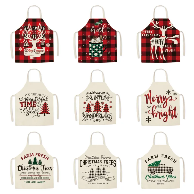 Red Black Grid Christmas Apron Linen Xmas Cooking Apron Household Oil Proof Sleeveless Aprons Adult Children Art Painting Bib TH0344