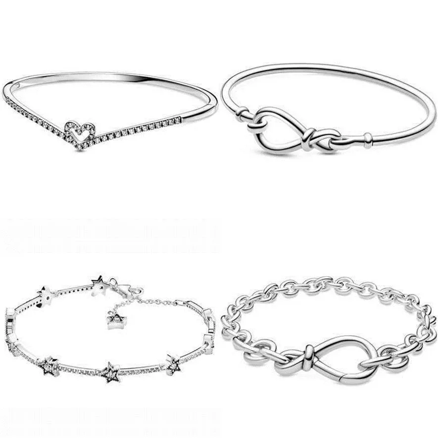 Funkelndes Herz, Knochen, himmlische Sterne, klobiges Infinity-Knoten-Armband, passend für 925er Sterlingsilber-Perlen-Charm, Pandora-DIY-Schmuck G0916260r