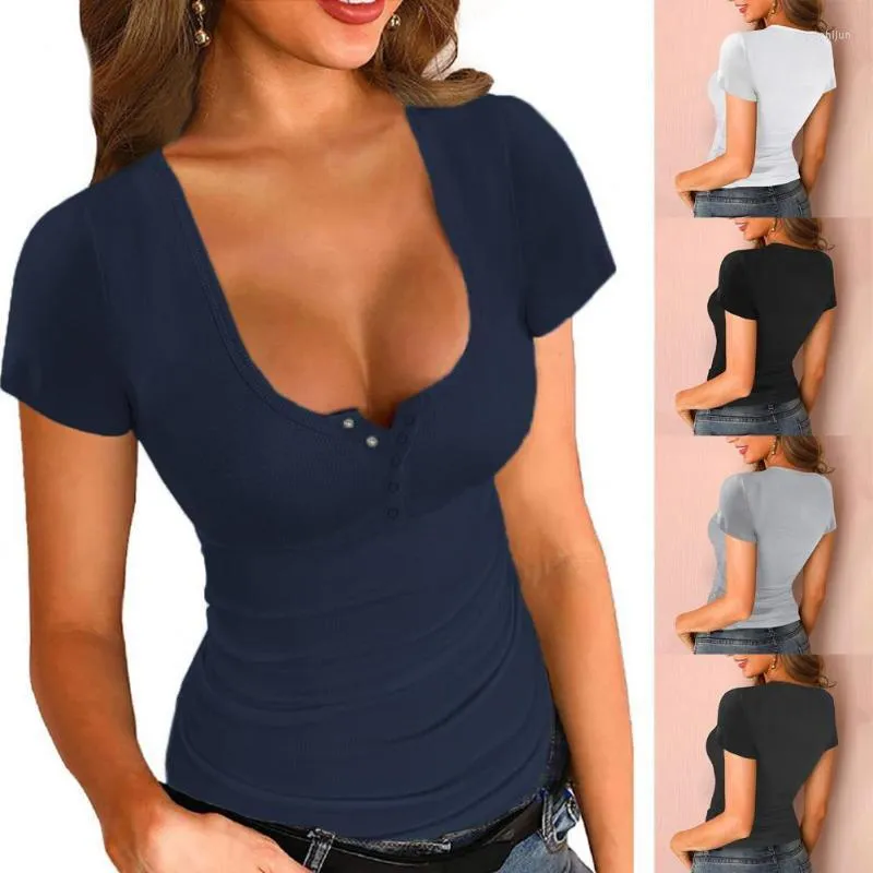 Camiseta feminina camiseta feminina feminina mulher sexy verão manga curta u tees de pescoço de cor sólida botões de corte baixo