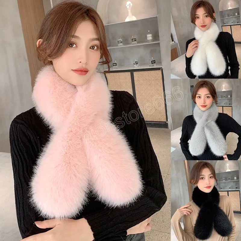 Femmes hiver chaud écharpe femme fausse fourrure de lapin en peluche épais foulards couleur unie floue en peluche croix col étudiant filles cou enveloppes