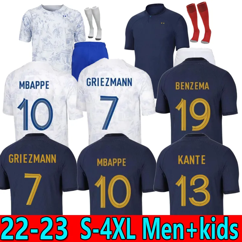 S-4XL Benzema Mbappe Griezmann voetbaljersey French Kante 2022 Wereld Pogba Cup Zidane Giroud Matuidi Kimpembe Maillot de voetbalshirt Fans Player Versie Kids Kit