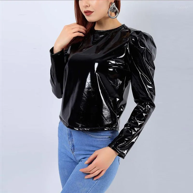 Women's Jackets Shiny Patent Leather Round Neck Jacket Women Long Sleeve Short Coats Back Zip Pullover Ladies PVC Clubwear Custom