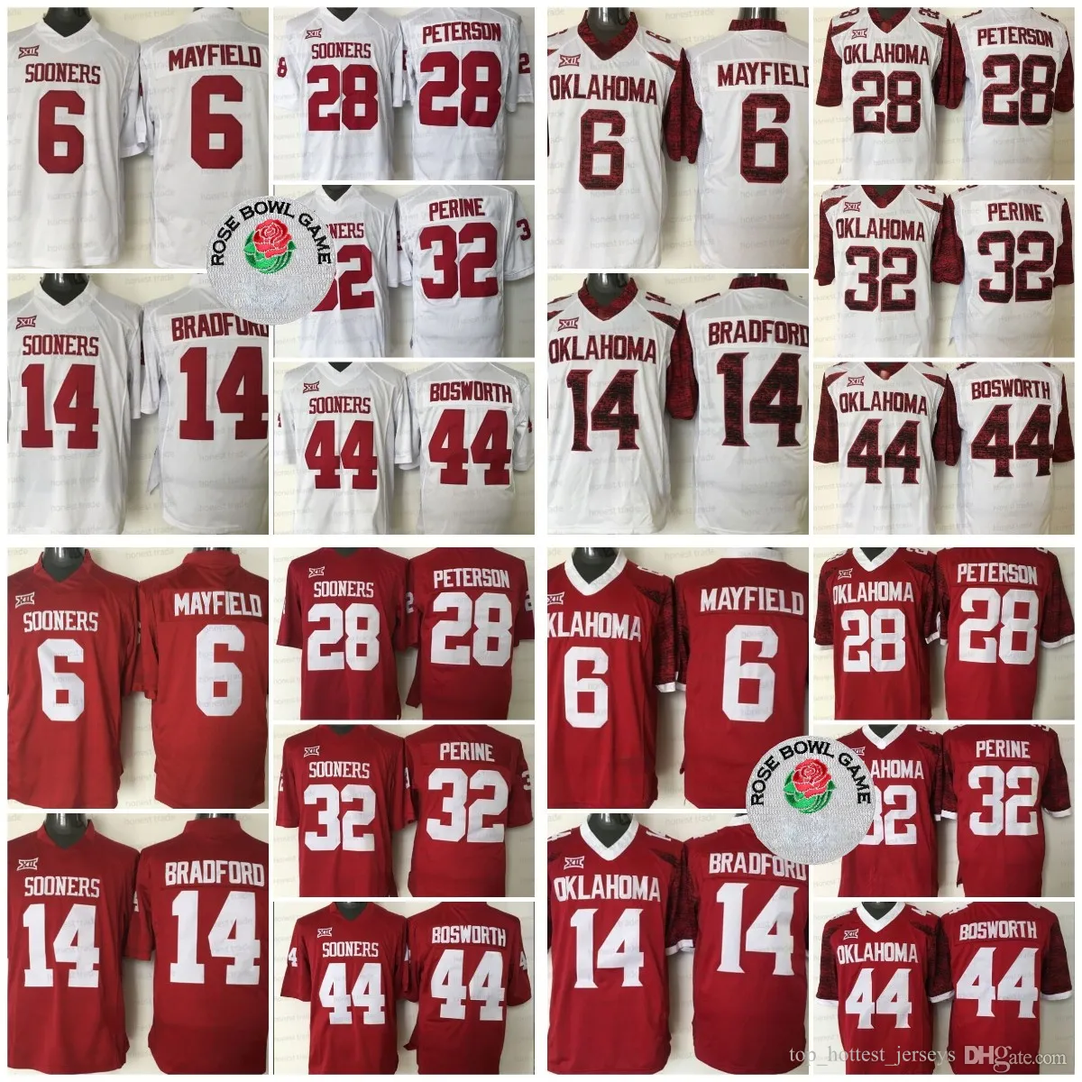 Oklahoma 28 Adrian Peterson Football Jersey 6 Baker Mayfield 44 Brian Bosworth Kyler Murray 32 Samaje Perine 14 Sam Bradford Red White Men Jersey S-XXXL