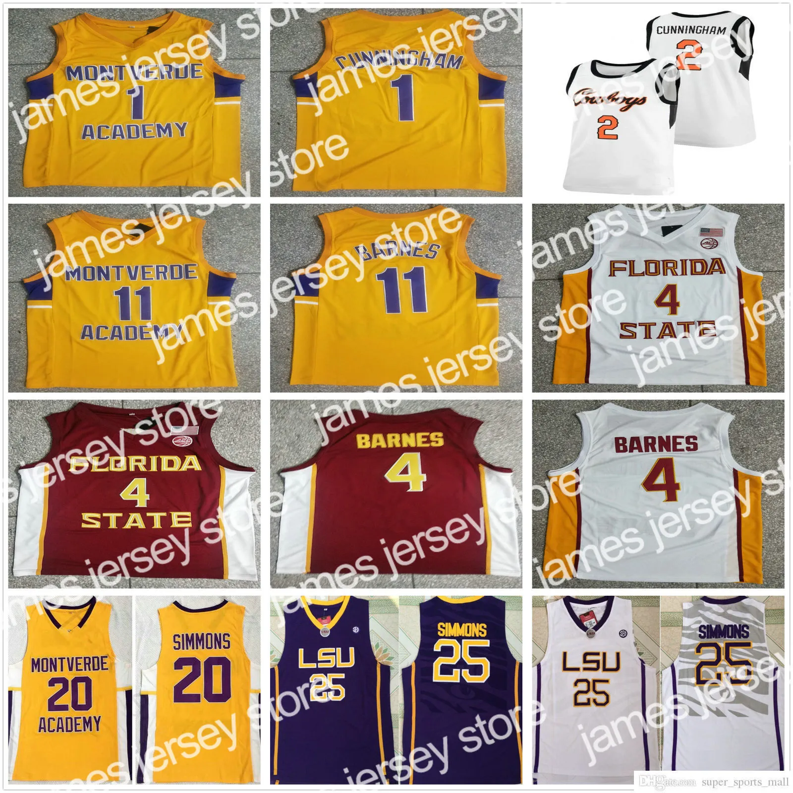 كرة السلة في الكلية ترتدي دريزة NCAA Montverde Academy High School 1 Cade Cunningham Basketball Jerseys College 11 Scottie Barnes Yellow Ben 20 Simmons Jersey