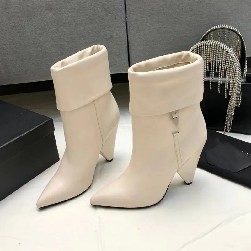 Laarzen met puntige neushak Echt leer Enkellaarsjes met hak Zijritsschoenen Runway luxe ontwerpersschoen dames fabrieksschoenen8cm35-41szie