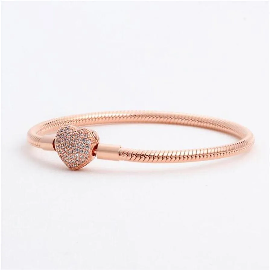 Luxury Fashion 18K Rose Gold Cz Diamond Heart Braccialetti Original Box per Pandora 925 Bracciale di serpenti lisce argento Women Jewelry259z259Z259Z259Z