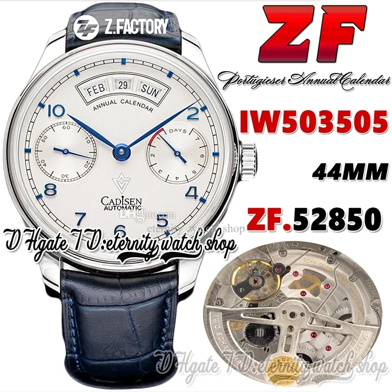 ZF V2 zf503505 Calendrier annuel Montre pour homme A52850 Automatique Blanc Réserve de marche Cadran Numéros Marqueurs Boîtier en acier inoxydable Bracelet en cuir bleu Super Edition Montres d'éternité