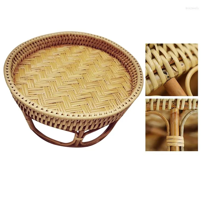 Bamboo Rattan Woven Bread Storage Tray Hand Made Portable Tatami Shelf For Coffee, Breakfast