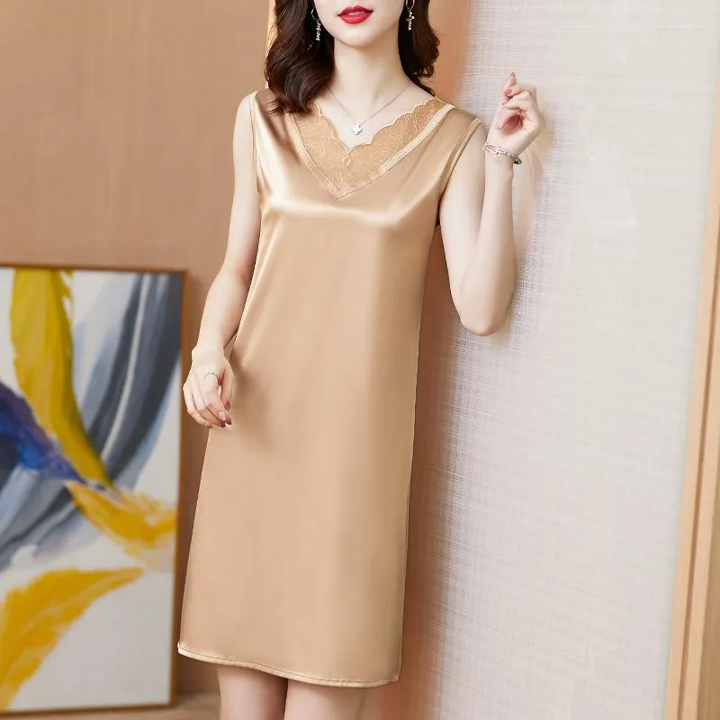 Casual Dresses #3521 Summer Short Dress Women Lace V-neck Sexy Straight Tank Top Female Sleeveless Party Satin Silk Solid Color