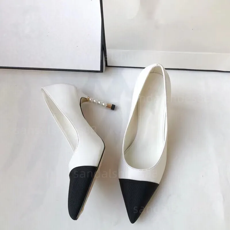 Designer talons chaussures femme designer pompes mules slingback perle talon en cuir véritable cap orteil noir blanc beige pompe robe chaussure